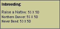 Text Box: Inbreeding:Raise a Native: 5S X 5D
Northern Dancer: 5S X 5D
Never Bend: 53 X 5D 